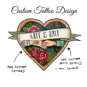 May include: A custom tattoo design illustration featuring a heart shape with red roses, green leaves, and a central banner reading KATE & BRIT. Two hands are joined in the center, with text instructions to add custom tattoos, dress details, and nail color.