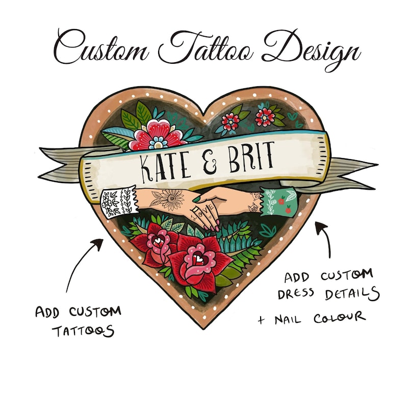 May include: A custom tattoo design illustration featuring a heart shape with red roses, green leaves, and a central banner reading KATE & BRIT. Two hands are joined in the center, with text instructions to add custom tattoos, dress details, and nail color.