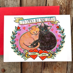 Carte de Saint-Valentin chat câlins mignons chats aimants | Cartes Chats Neuf vies | Cartes d'amour | Art de chat cool de style tatouage | Anniversaire d'un amoureux des chats