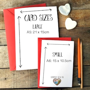 May include: Two white rectangular cards with red envelopes. The large card is labeled A5: 21 x 15 cm and the small card is labeled A6: 15 x 10.5 cm. Both cards feature black text, directional arrows indicating dimensions, and the Stormy Seas UK logo.