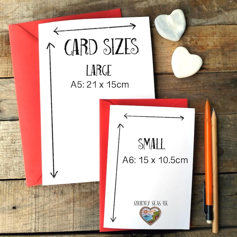 May include: Two white rectangular cards with red envelopes. The large card is labeled A5: 21 x 15 cm and the small card is labeled A6: 15 x 10.5 cm. Both cards feature black text, directional arrows indicating dimensions, and the Stormy Seas UK logo.