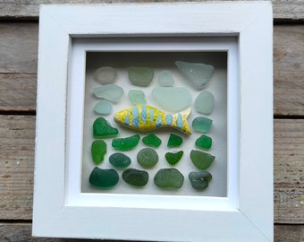 Sea Glass and Fish Mosaic Art | Seaglass Ocean Picture in Wooden Frame | Beach Decor Art, Nautical Gift