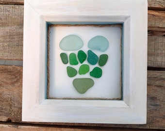 Sea Glass Heart Mosaic Art | Love Heart in Wooden White Wasted Frame | Beach Decor, Nautical Love