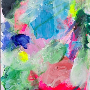 May include: Abstract painting with vibrant colors, including pink, blue, green, and yellow. The paint is applied in thick strokes, creating a textured surface.