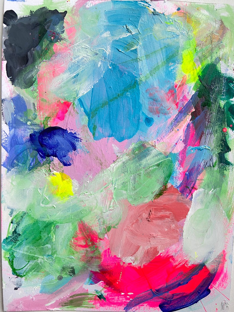 May include: Abstract painting with vibrant colors, including pink, blue, green, and yellow. The paint is applied in thick strokes, creating a textured surface.