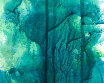 SALE Emerald Forest Original Acrylic Painting on a Watercolour Paper - 15cm x 23cm