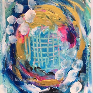 Nesting - Gold and Turquoise Abstract Original Art, Acrylic Paint On Mixed Media Paper 6 x 8 Inches