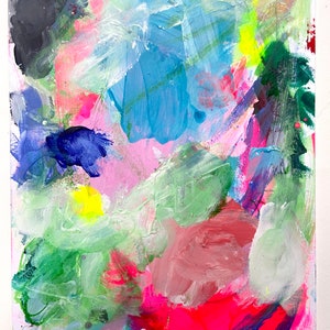 May include: Abstract painting with bright colors, including pink, blue, green, yellow, and white. The paint is applied in thick strokes, creating a textured surface.