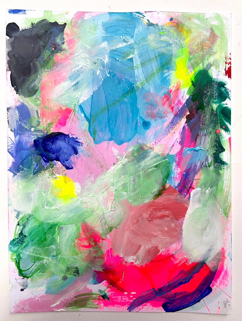May include: Abstract painting with bright colors, including pink, blue, green, yellow, and white. The paint is applied in thick strokes, creating a textured surface.