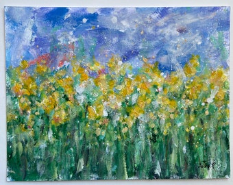 NEW A field of Golden Flowers Abstract Floral on Watercolour Paper, Original Art