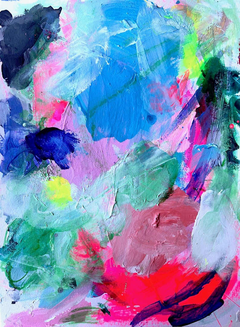 May include: Abstract painting with vibrant colors, including pink, blue, green, and yellow. The paint is applied in thick strokes, creating a textured surface.