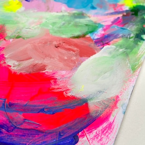 May include: Abstract painting with bright colors, including pink, blue, green, and red. The paint is applied in thick strokes, creating a textured effect.