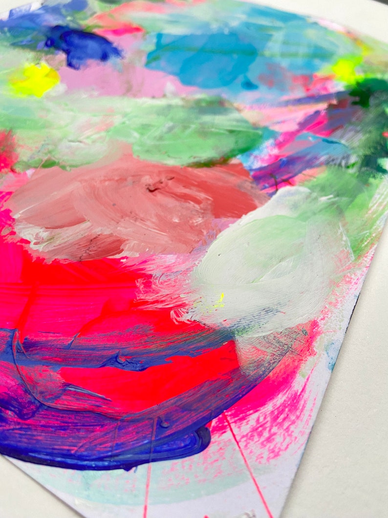 May include: Abstract painting with bright colors, including pink, blue, green, and red. The paint is applied in thick strokes, creating a textured effect.