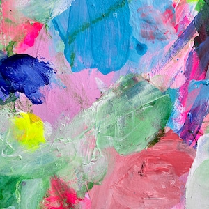 May include: Abstract painting with vibrant colors, including pink, blue, green, yellow, and white. The paint is applied in thick strokes, creating a textured surface.