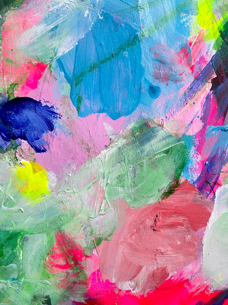 May include: Abstract painting with vibrant colors, including pink, blue, green, yellow, and white. The paint is applied in thick strokes, creating a textured surface.