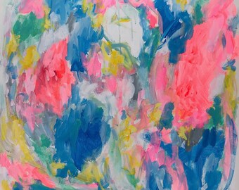 Abstrakt neonmålning, expressionistisk original akrylkonst på duk