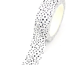 Black Polkadot on White Washi Tape - 1.5cm x 10m, Pattern, Snowflake Dots Decorative Tape