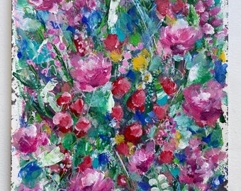 NOUVELLE peinture originale de fleurs sur la vigne, peinte sur papier aquarelle 21 cm x 29,5 cm, fleurs abstraites