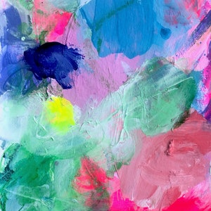 May include: Abstract painting with vibrant colors, including pink, blue, green, and yellow. The paint is applied in thick strokes, creating a textured effect.