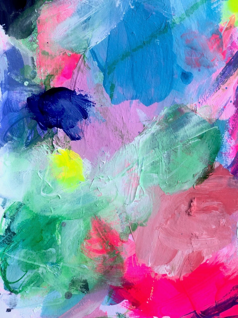 May include: Abstract painting with vibrant colors, including pink, blue, green, and yellow. The paint is applied in thick strokes, creating a textured effect.