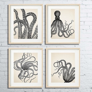 VINTAGE OCTOPUS Print Set of 4 Bathroom Wall decor Beach House image 2