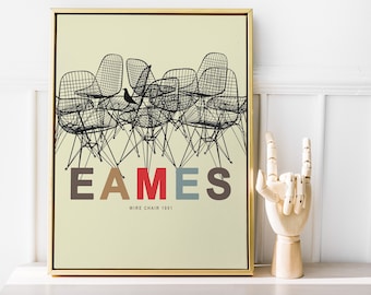 Charles and Ray Eames Chair print, Wire Chair I Mid Century Modern Industrial design Wall Art Print, Retro Furniture Digital Art Print