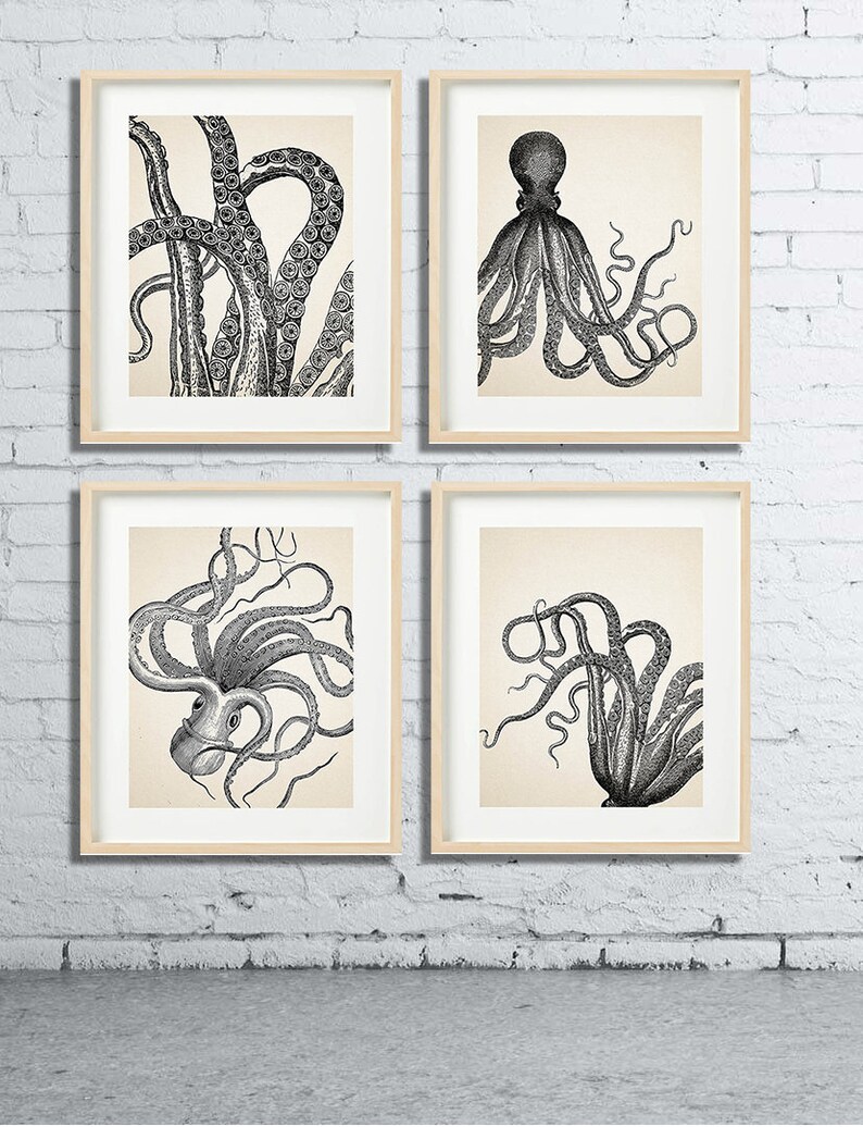 VINTAGE OCTOPUS Print Set of 4 Bathroom Wall decor Beach House image 2