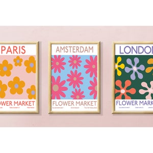Flower market print London Paris Tokyo digital download Set of 3 flower market poster printable wall art Illustration modern art