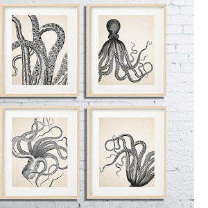 VINTAGE OCTOPUS Print Set of 4 Bathroom Wall decor Beach House image 1