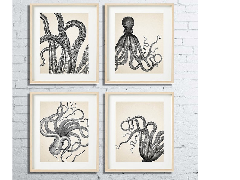 VINTAGE OCTOPUS Print Set of 4 Bathroom Wall decor Beach House image 1