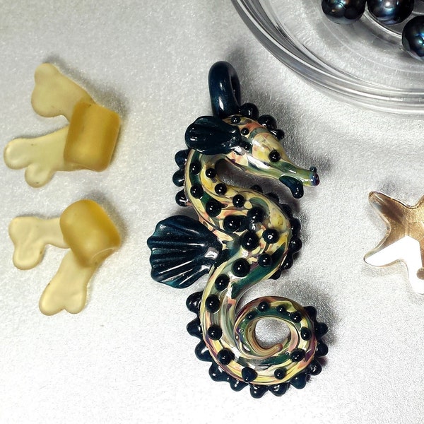 Boro Lampwork Seahorse Designer Collection Set, Borosilicate Art Glass, Faceted Teal Pearls, Swarovski Starfish