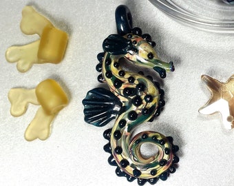 Boro Lampwork Seahorse Designer Collection Set, Borosilicate Art Glass, Faceted Teal Pearls, Swarovski Starfish