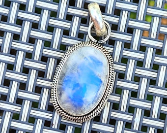 Vintage (1980's) Blue Flash Moonstone Pendant with Sterling Silver Bezel, June Birthday Birthstone