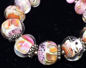 Lampwork Art Glass Beads, Confetti Riot, Plunge Beads, Fine Silver Dots, Pink, Black, Cream, Coordinating Set for Bracelet or Necklace