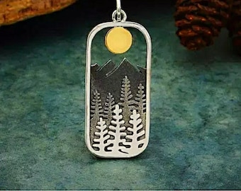 Sterling Silver Rectangle Tree Forest Landscape Pendant with Bronze Sun 33x13mm ~ Sterling Tag Pendant