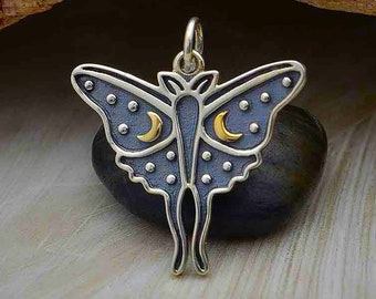 Sterling Silver Luna Moth Charm with Bronze Moons, 22x20mm, Animal Amulet