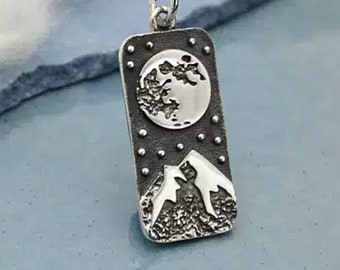 Sterling Silver Full Moon and Snowy Mountain Landscape Pendant 26x10mm