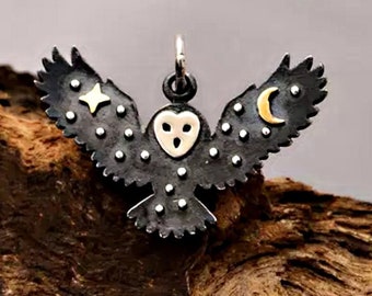 Sterling Silver Owl Charm with Bronze Star and Moon - 18x25mm - Mystic Protection Amulet