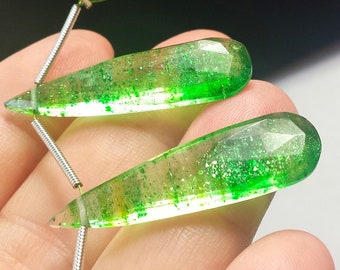 Emerald Lab Created Designer Gemstones, Stardust Green - Gold Glitter,  A Pair Elongated Gemstone Briolette for Earrings