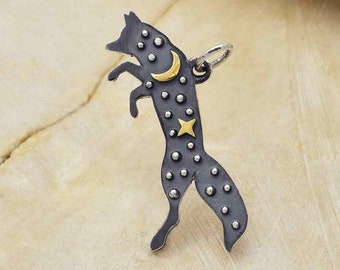 Fox Charm, Sterling Silver Fox Charm, Silver Fox Charm with Bronze Star and Moon 23x28mm - Animal Amulet, Fox Pendant, Protection Amulet