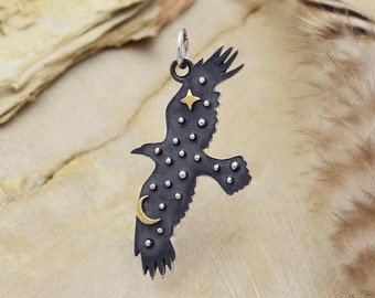 Bird Charm, Sterling Silver Raven, Black Bird with Bronze Star and Moon 26x16mm, Eagle Animal Amulet - Bird Pendant