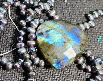 Heart Faceted Labradorite Gemstone Focal, Top Drilled, with Strand of Peacock Pearls