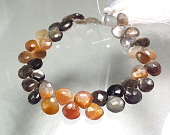 Golden Shine, Black & Chocolate Brown Moonstone, Multi Color Moonstone, Full 8" Strand, 8.5-9mm Heart Shape AAA Briolette Beads, Rich Shades