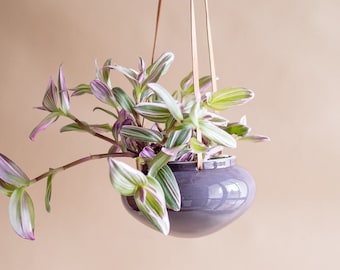 Hanging Flower Pot, Purple Ceramic Hanging Planter, Leather Pendant, Unique Pot