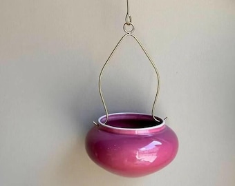 Hanging Flower Pot, Pink Ceramic Hanging Planter, Brass Pendant, Unique Pot, Pink Glaze