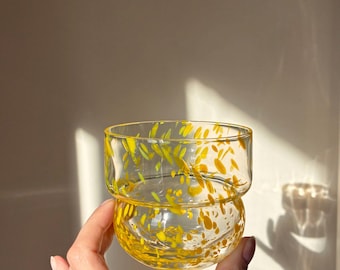 Handmade Glass, Juice Set, Unique Drinkware, Set of 2, Transparent + Yellow dots
