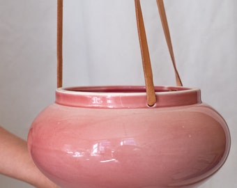 Hanging Flower Pot, Pink Ceramic Hanging Planter, Leather Pendant, Unique Pot, Pink Glaze