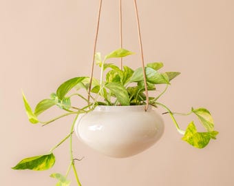 Hanging Flower Pot, Beige Ceramic Hanging Planter, Leather Pendant, Unique Pot