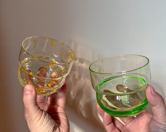 Handmade Glass, Juice Set, Unique Drinkware, Set of 2, Grass + Yellow Spots