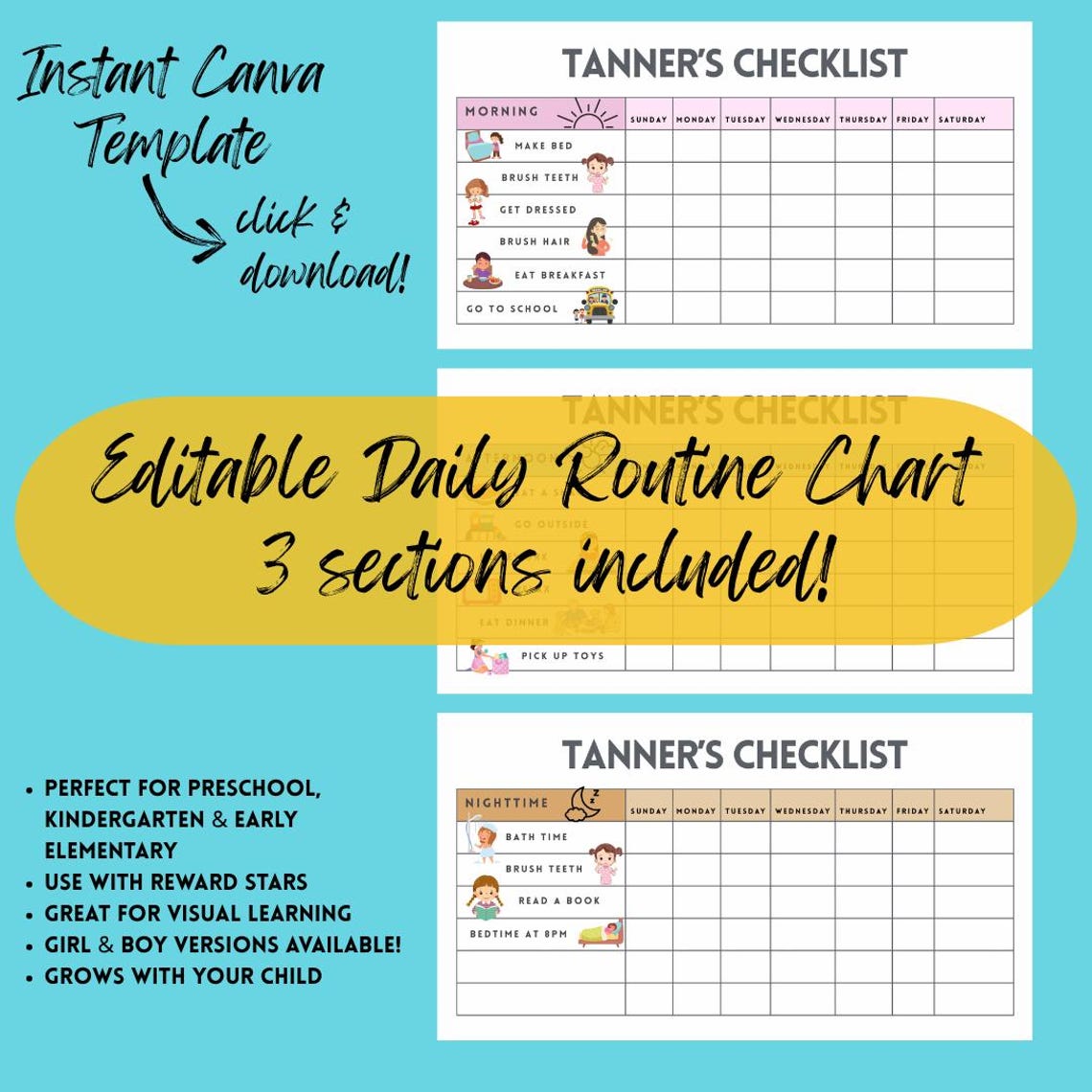 Editable Kids Daily Routine Chart: Visual Checklist, Morning, Afternoon ...